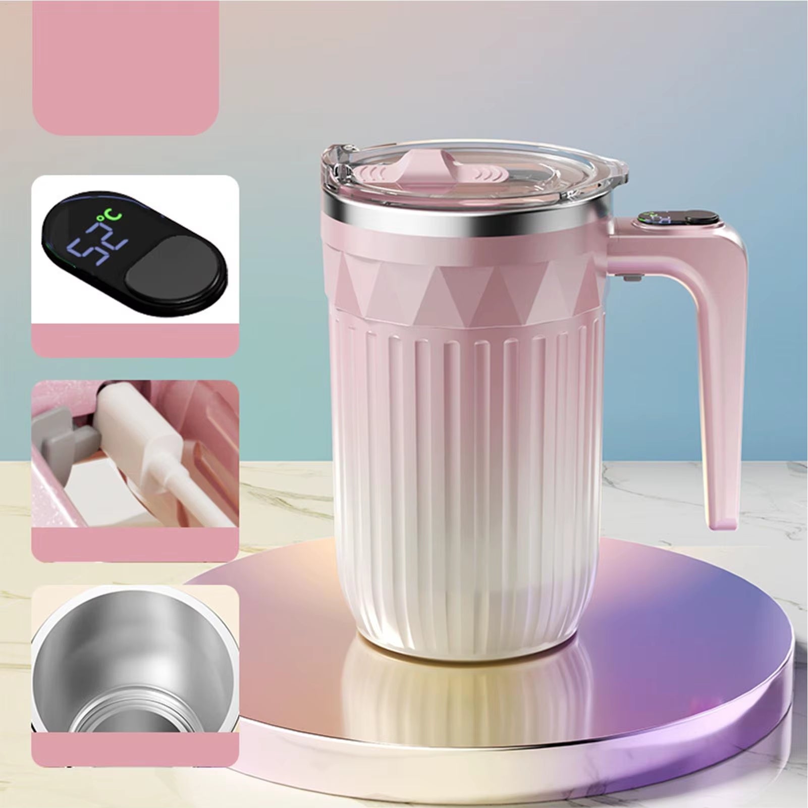 Smart temperature display coffee mug with USB rechargeable design, stainless steel inner liner, insulated body, digital temperature monitoring, and spill-resistant lid for hot and cold beverages.