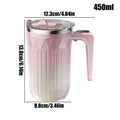 450ml smart temperature display insulated coffee mug with lid, showing dimensions and capacity specifications in pink gradient design.
