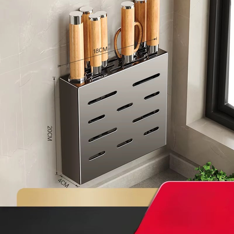 Stainless steel wall-mounted knife holder with wooden-handled knives and dimensions showing 18cm width and 20cm height.