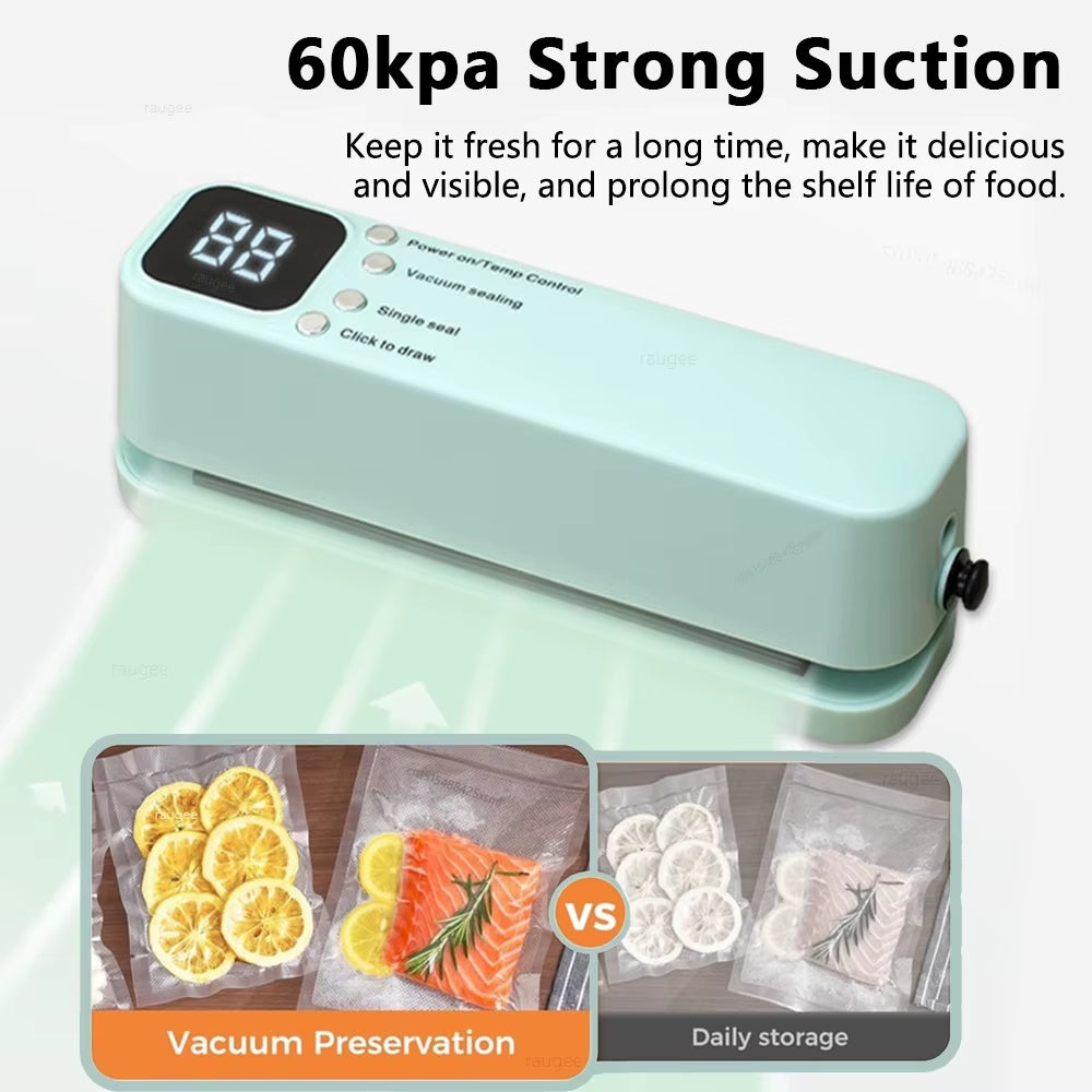 60kPa portable vacuum food sealer machine preserving fresh fish, citrus slices, and food items in airtight vacuum storage bags for longer shelf life.