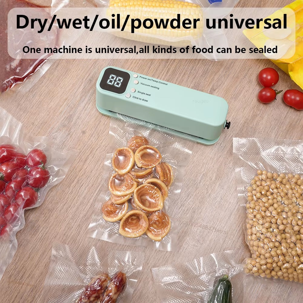 Portable vacuum food sealer machine sealing dry, wet, oily, and powdered foods in airtight storage bags to keep ingredients fresh for longer.