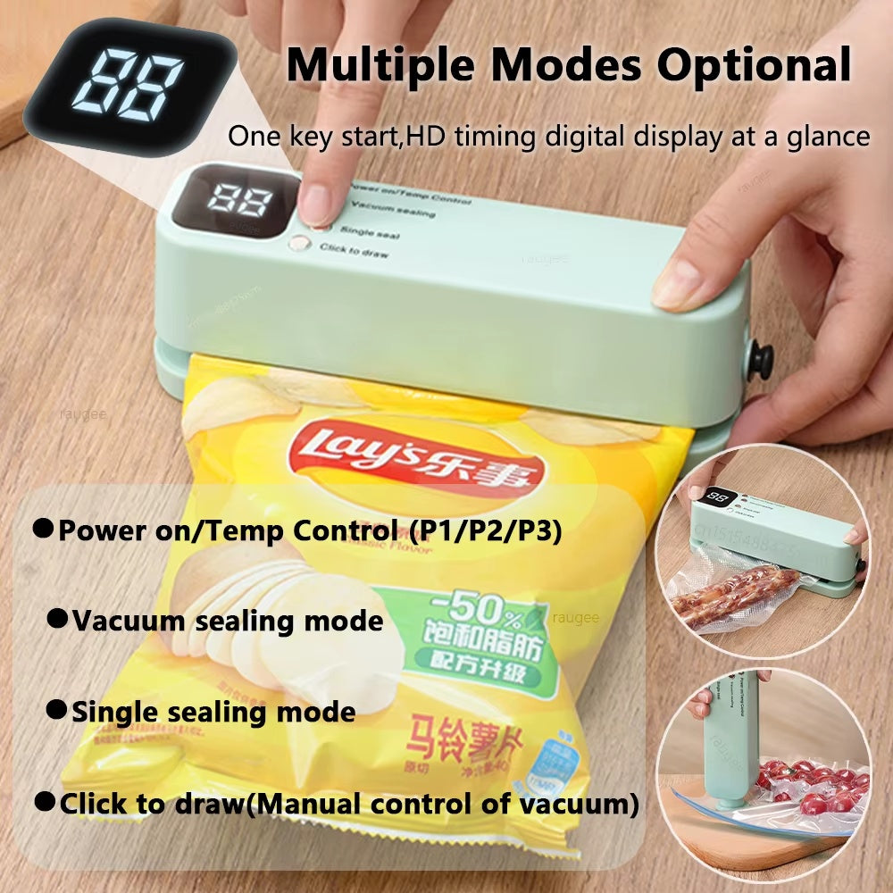 Portable vacuum food sealer machine with digital display featuring vacuum sealing, single seal, and manual vacuum control modes for food storage and freshness preservation.