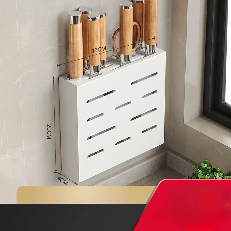 White wall-mounted knife holder with wooden-handled knives and labelled dimensions showing 18cm width and 20cm height.