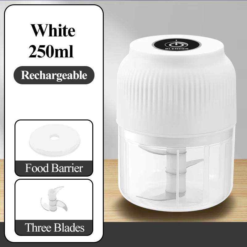 White 250ml USB rechargeable electric food chopper with three stainless steel blades and removable food barrier, compact wireless garlic crusher and vegetable chopper