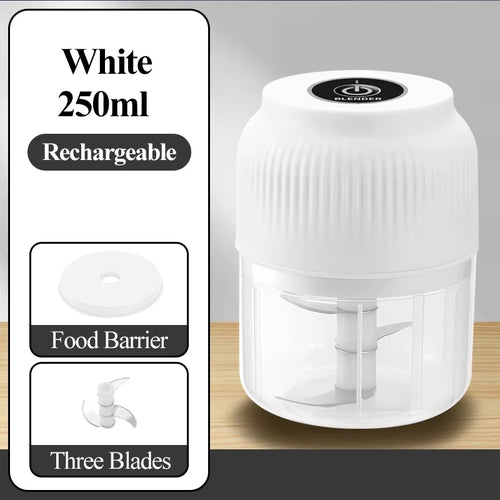 White 250ml USB rechargeable electric food chopper with three stainless steel blades and removable food barrier, compact wireless garlic crusher and vegetable chopper